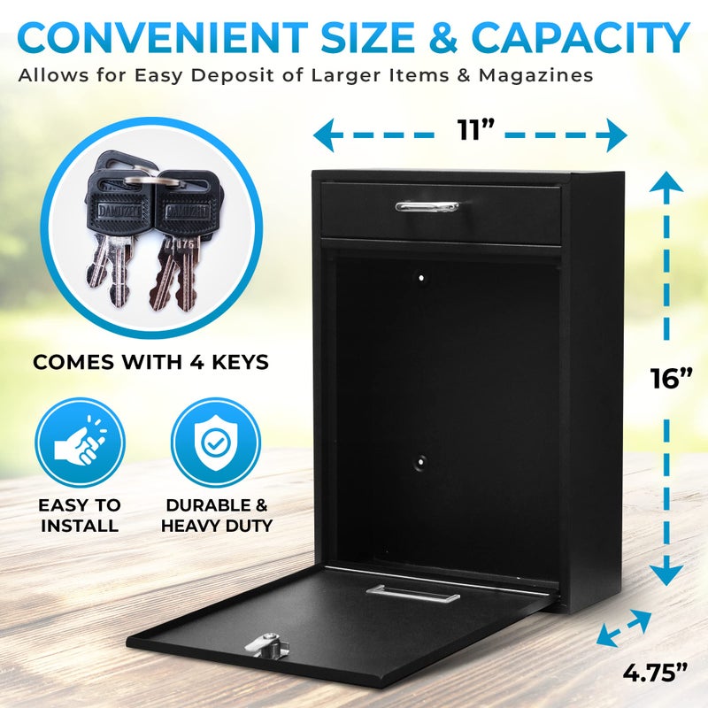 Yulli Wall Mounted Locking Vertical Dropbox Mailbox - Safe and Secure (Large) | Made with Galvanized Steel (Black) - Image 3